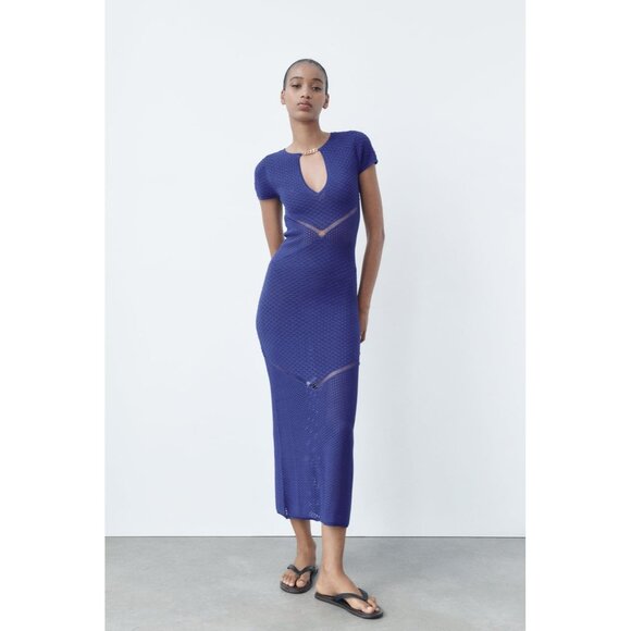 Zara Womens Small Blue Sheer Pointelle Knit Chain Midi Dress Short Sleeve - Picture 1 of 9